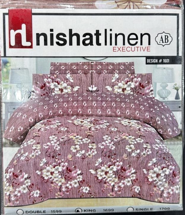 Baby Pink Floral King Size Cotton Bed Sheet by Nishat Linens – soft breathable cotton, elegant floral design, Rs.1600