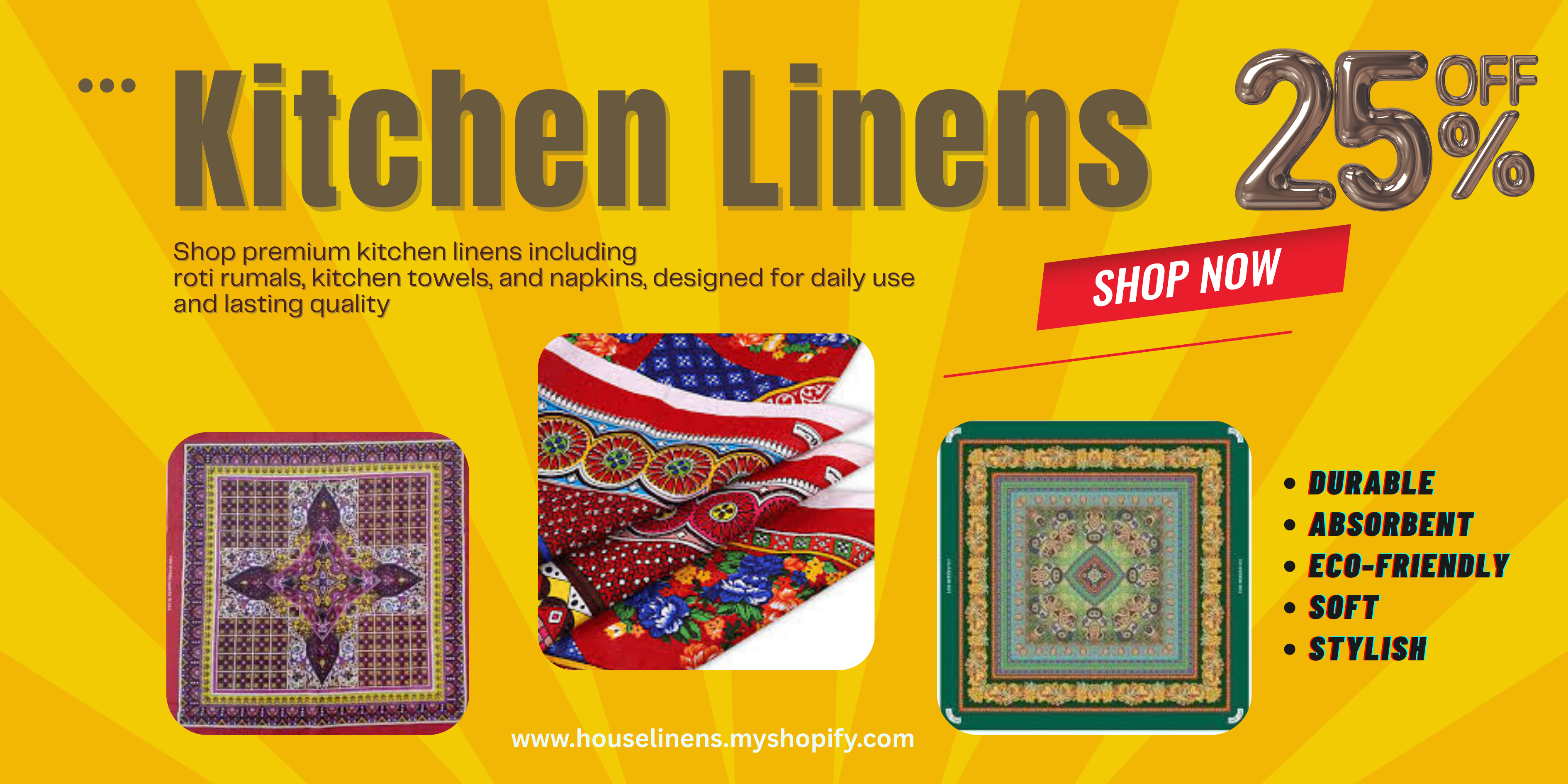 Promotional banner for kitchen linens with images of roli rumals and text about discounts and features.
