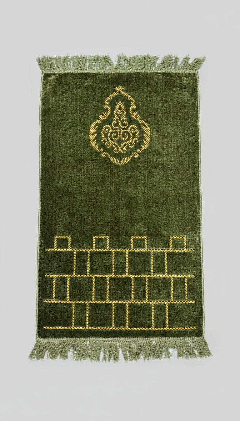 Green prayer mat with gold embroidery and patterns
