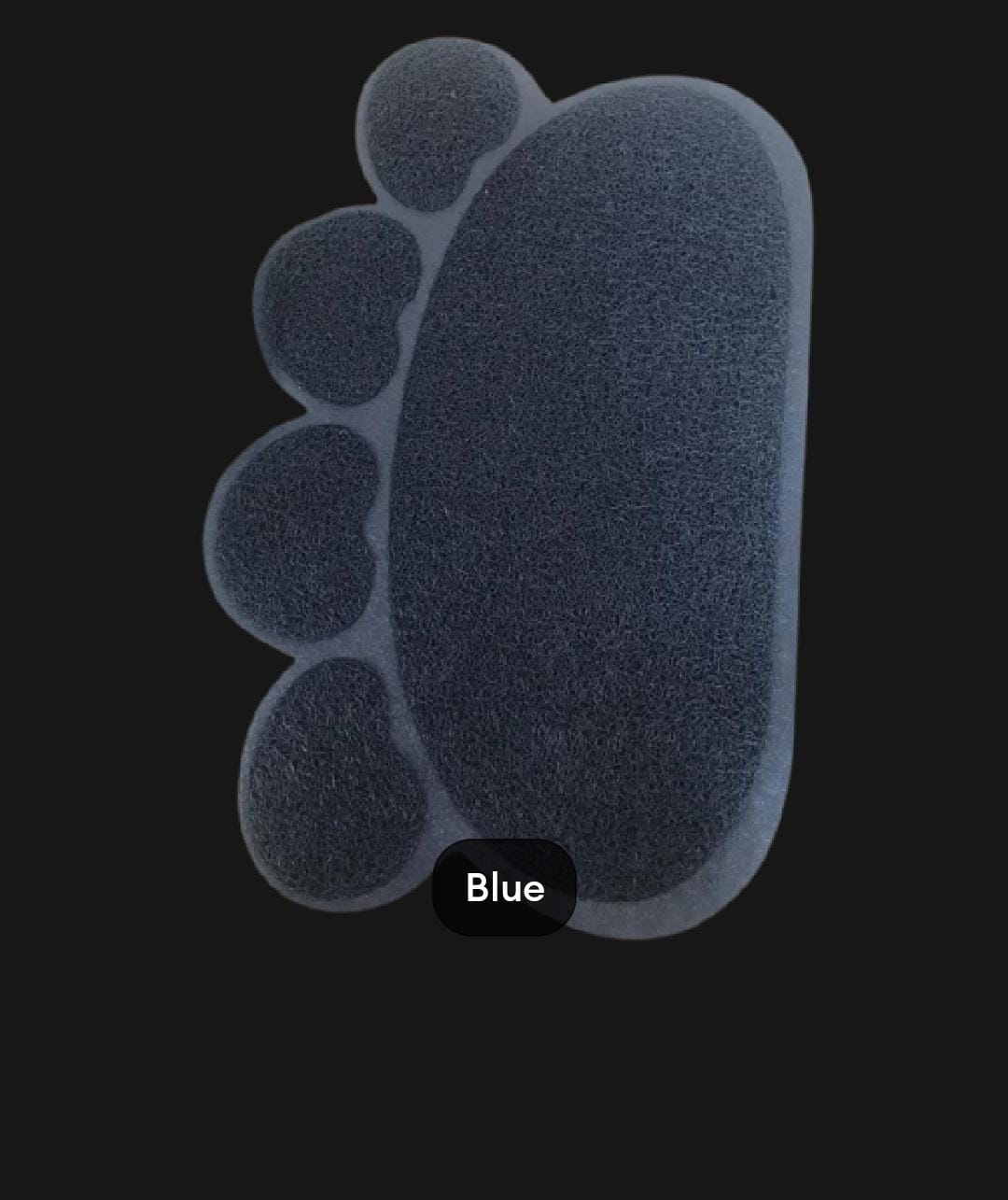 Blue foot-shaped gel pad on a black background
