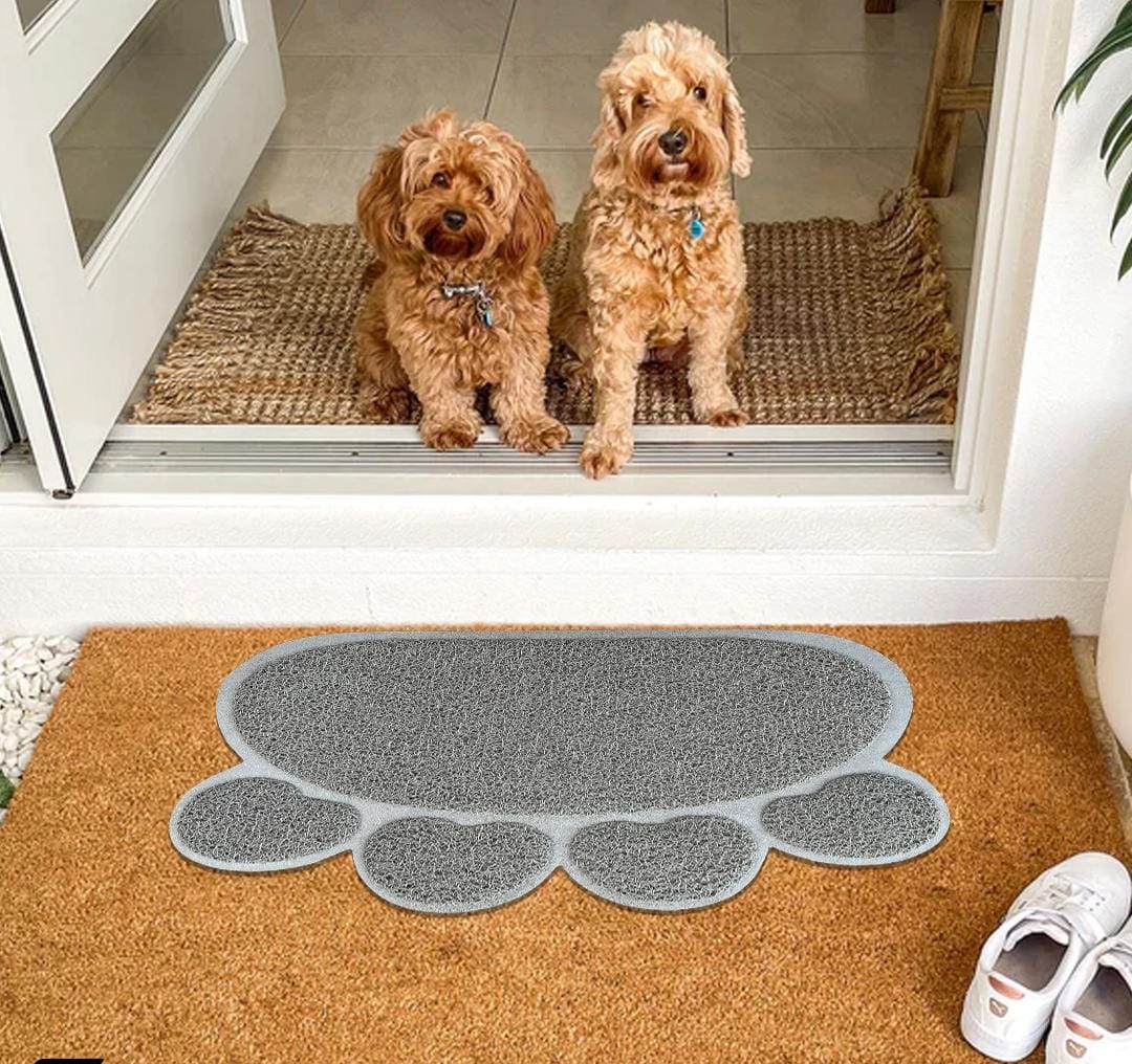 Two dogs sitting on a doormat with a paw-shaped mat in front of them.