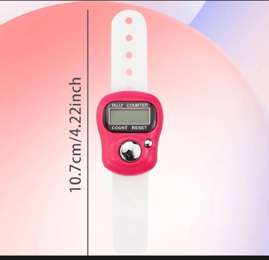 Digital handheld counter with pink display and white band on a gradient background