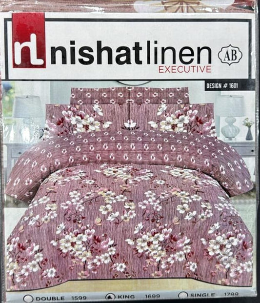 Baby Pink Floral King Size Cotton Bed Sheet by Nishat Linens – soft breathable cotton, elegant floral design, Rs.1600