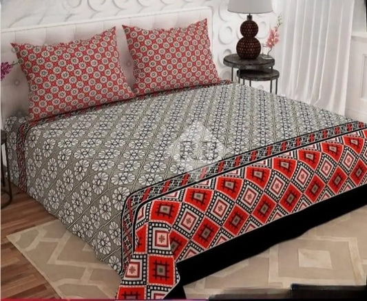 Bedspread with geometric pattern on a bed in a bedroom setting