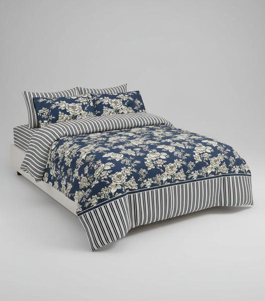 Nishat Linen bedding set packaging with floral and striped design