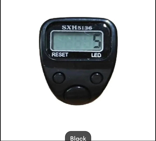 Black digital device with a small screen and buttons on a white background