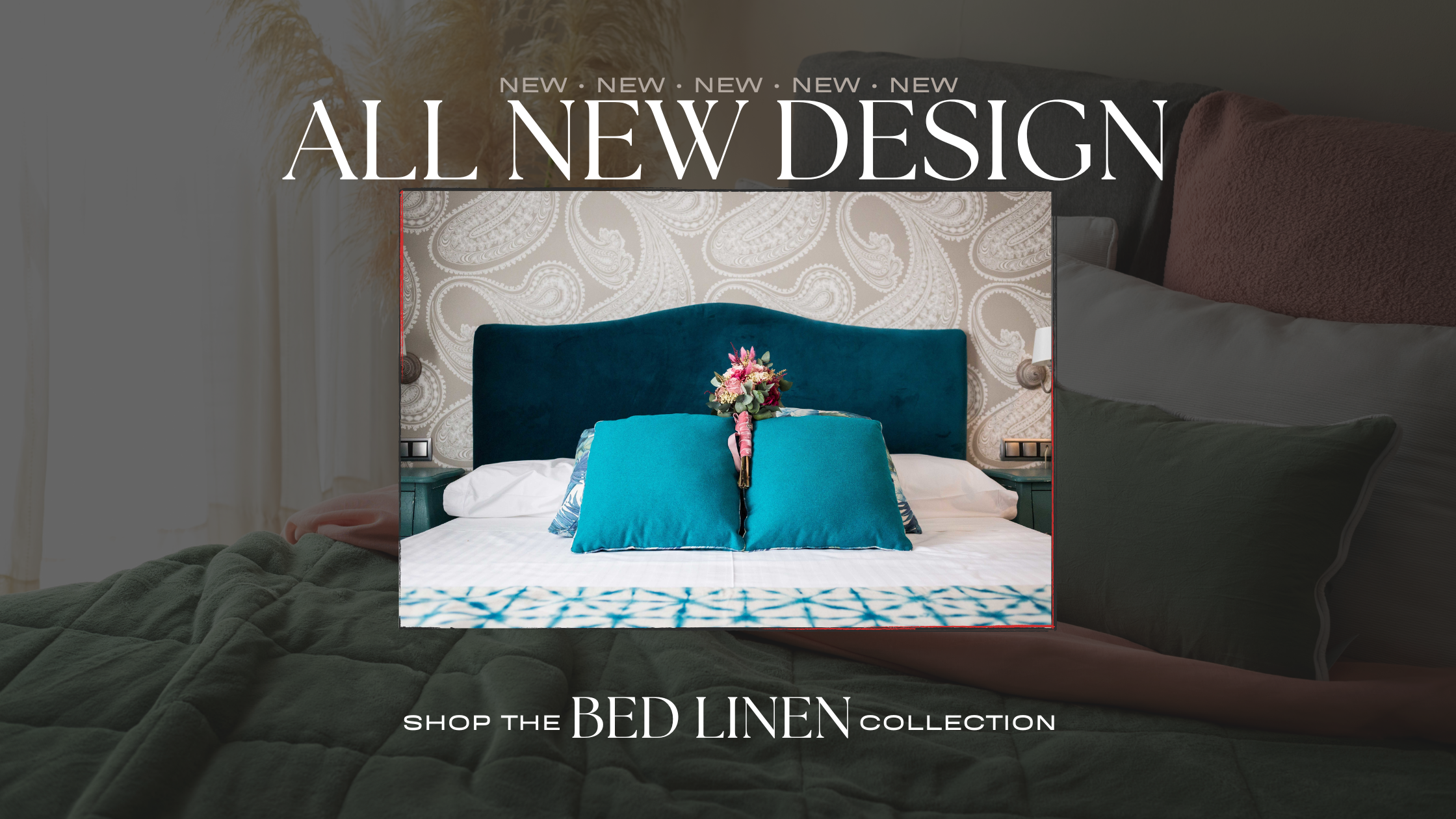 Advertisement for bed linen collection with blue pillows and floral arrangement on a bed.