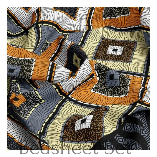 Colorful patterned  bedsheets fabric with geometric shapes and colors.