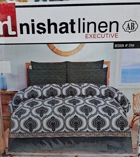 Dark green , yellow and white Geometric Nishnatlinens King size Cotton  Bed sheet Rs. 1600